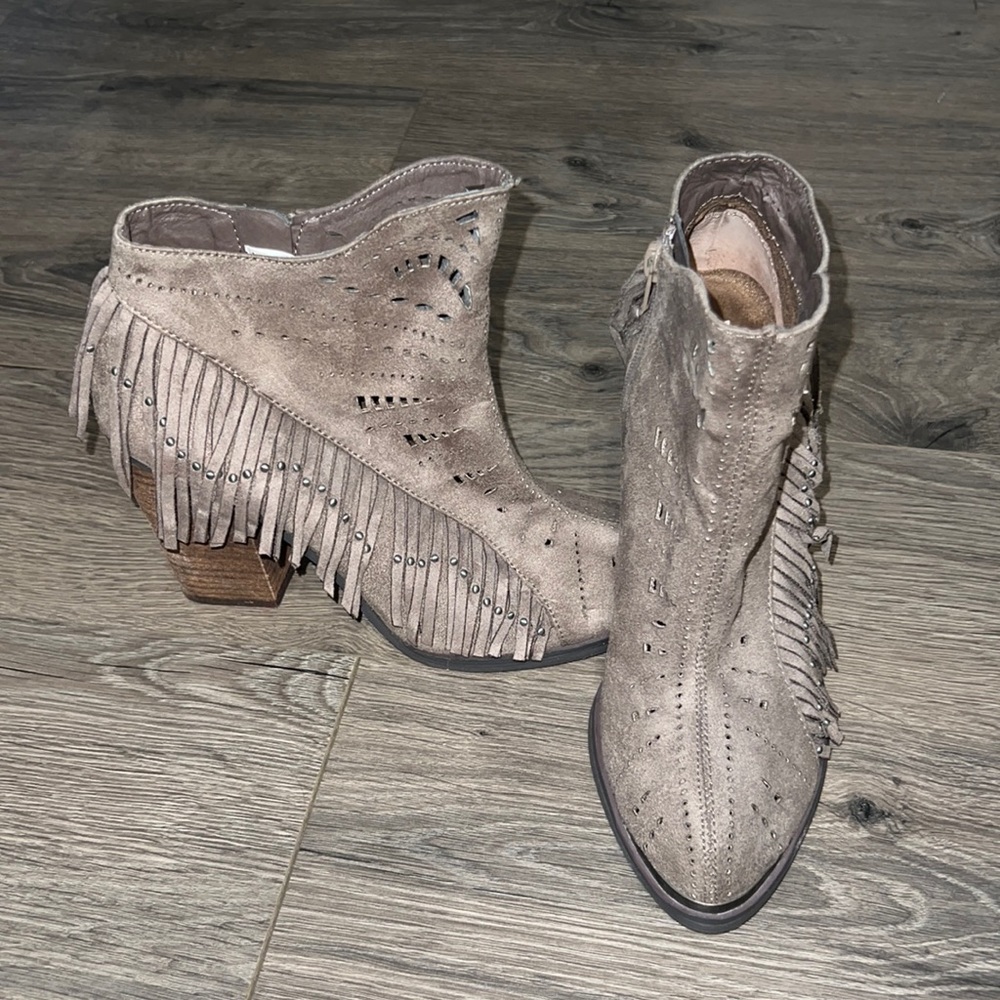 NOT RATED TAUPE FIERCE FRINGE ANKLE BOOT
